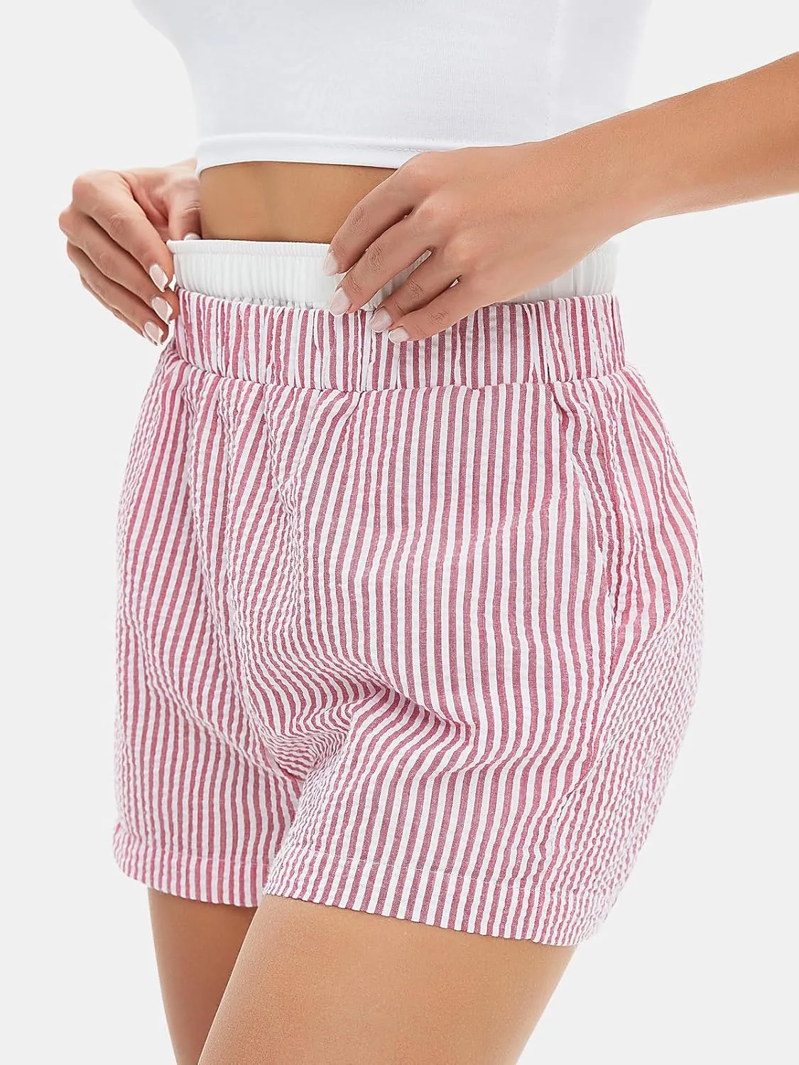 EXLURA Women's Stripe Print Exposed Boxer Shorts Elastic High Waisted Wide Leg Y2K Workout Gym Shorts