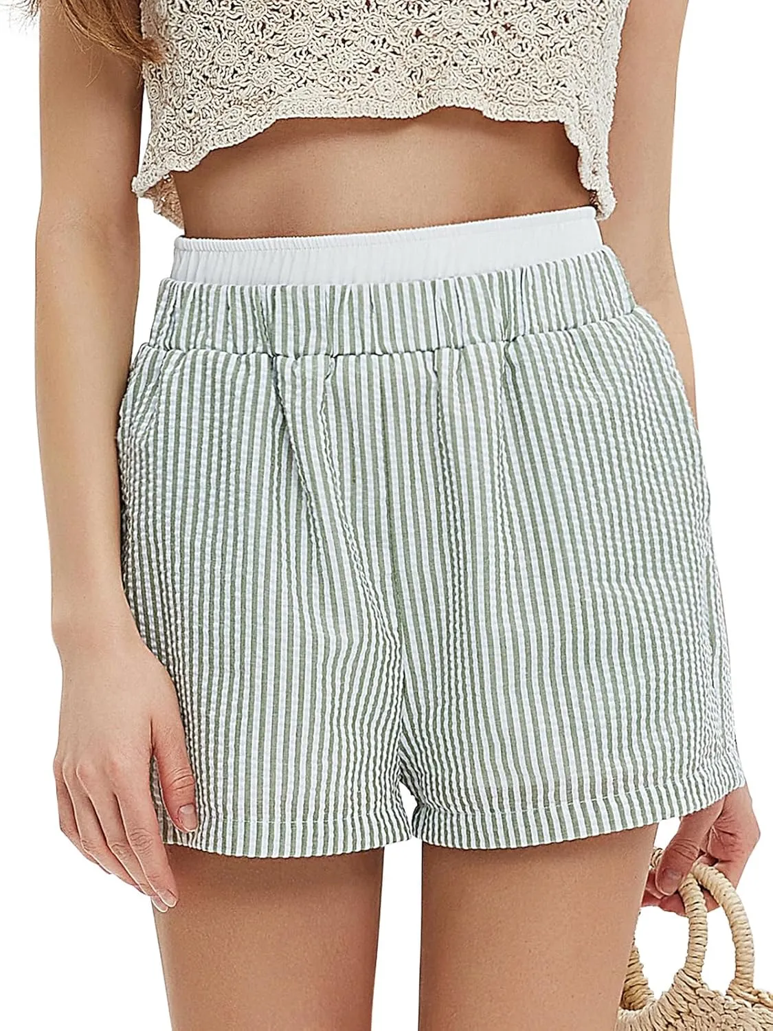 EXLURA Women's Stripe Print Exposed Boxer Shorts Elastic High Waisted Wide Leg Y2K Workout Gym Shorts