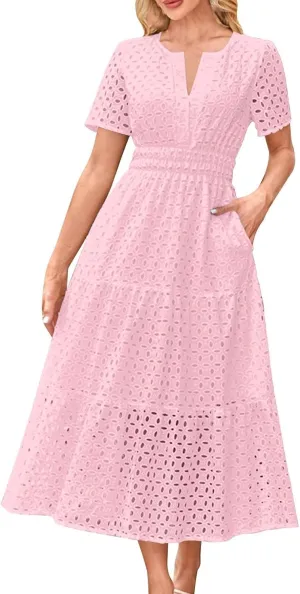 Eyelet Dresses for Women 2025 Short Sleeve Cotton Hollow Out Lace Ruffle Casual Beach Vacation Seniors Camp Summer