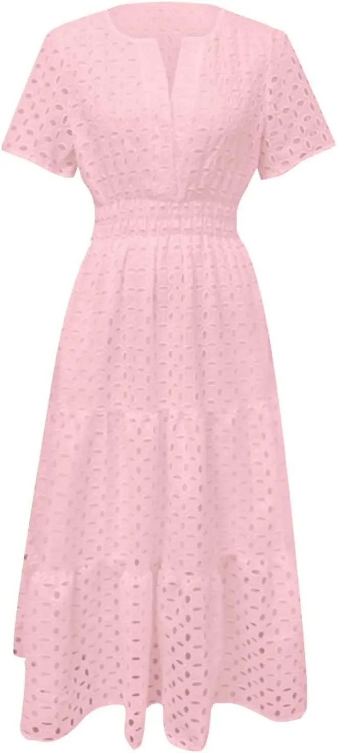 Eyelet Dresses for Women 2025 Short Sleeve Cotton Hollow Out Lace Ruffle Casual Beach Vacation Seniors Camp Summer