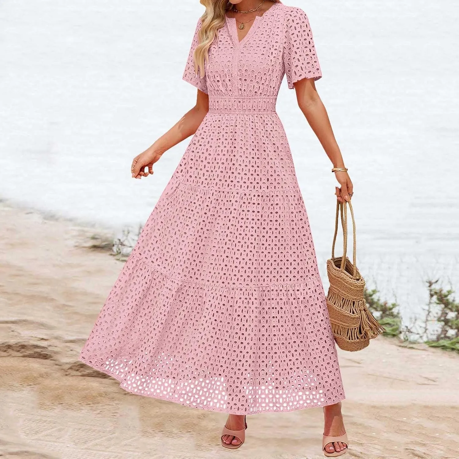 Eyelet Dresses for Women 2025 Short Sleeve Cotton Hollow Out Lace Ruffle Casual Beach Vacation Seniors Camp Summer