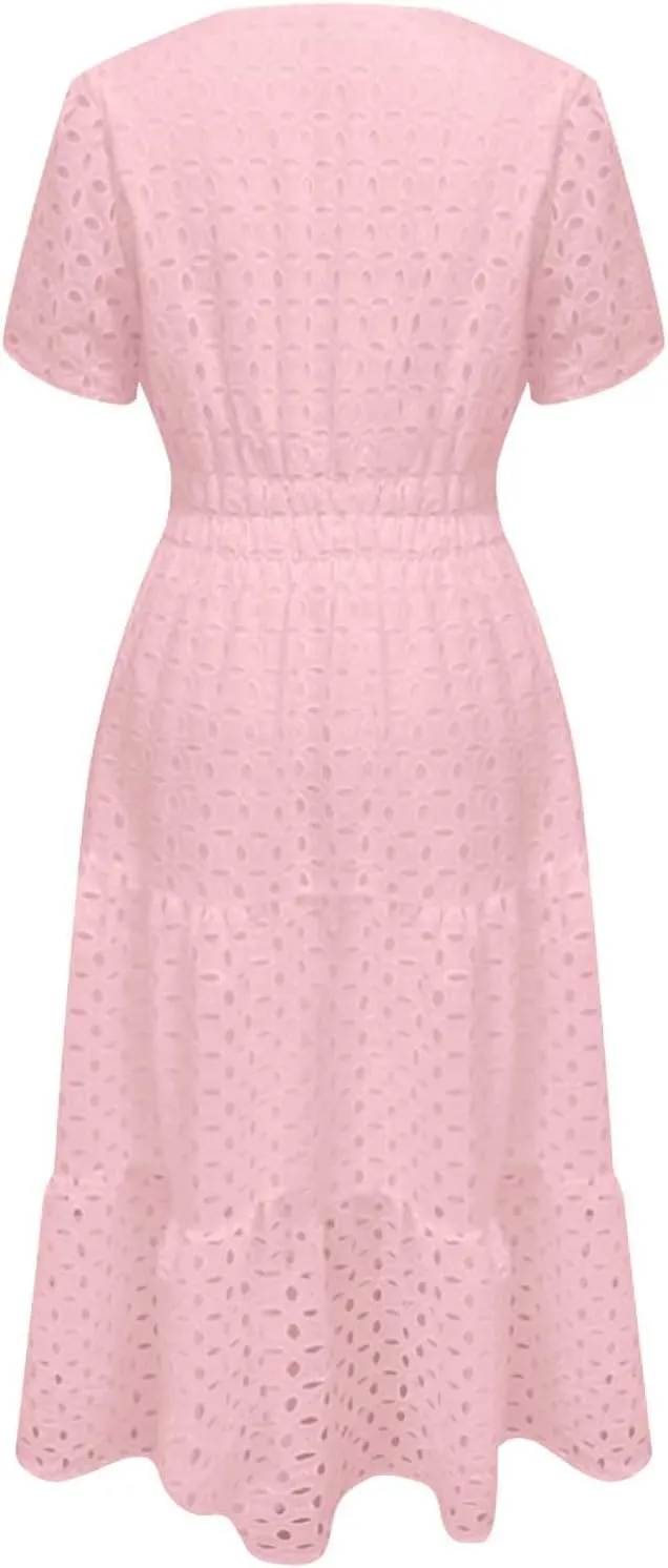 Eyelet Dresses for Women 2025 Short Sleeve Cotton Hollow Out Lace Ruffle Casual Beach Vacation Seniors Camp Summer