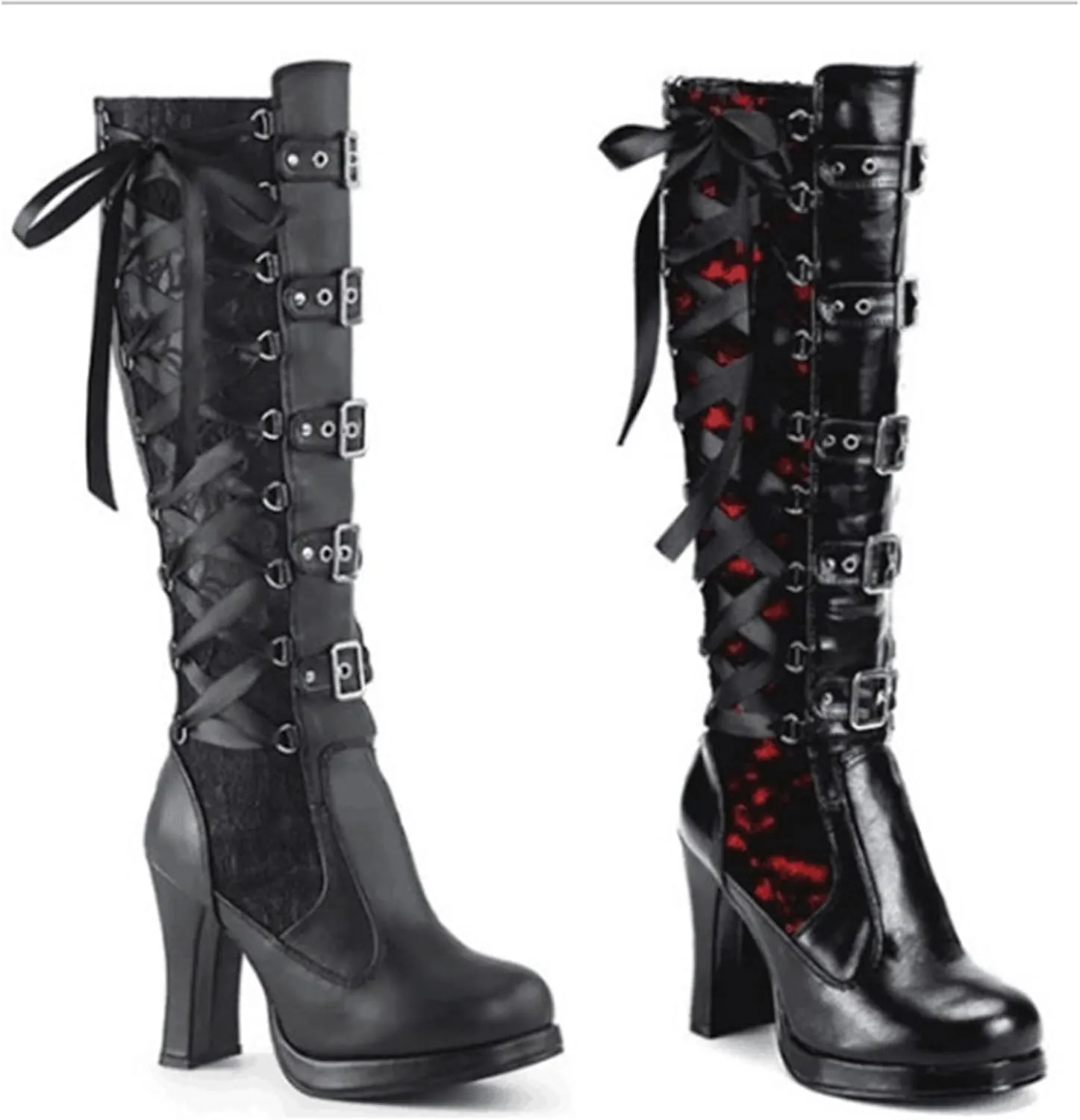 FAIRSOMA Women'S Lace Up Victorian Knee-High Boots,Classics Vintage Round Toe Kitten Heel Witch Boots Knight Combat Boots Buckle Riding Boots