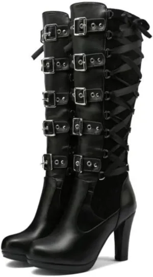 FAIRSOMA Women'S Lace Up Victorian Knee-High Boots,Classics Vintage Round Toe Kitten Heel Witch Boots Knight Combat Boots Buckle Riding Boots