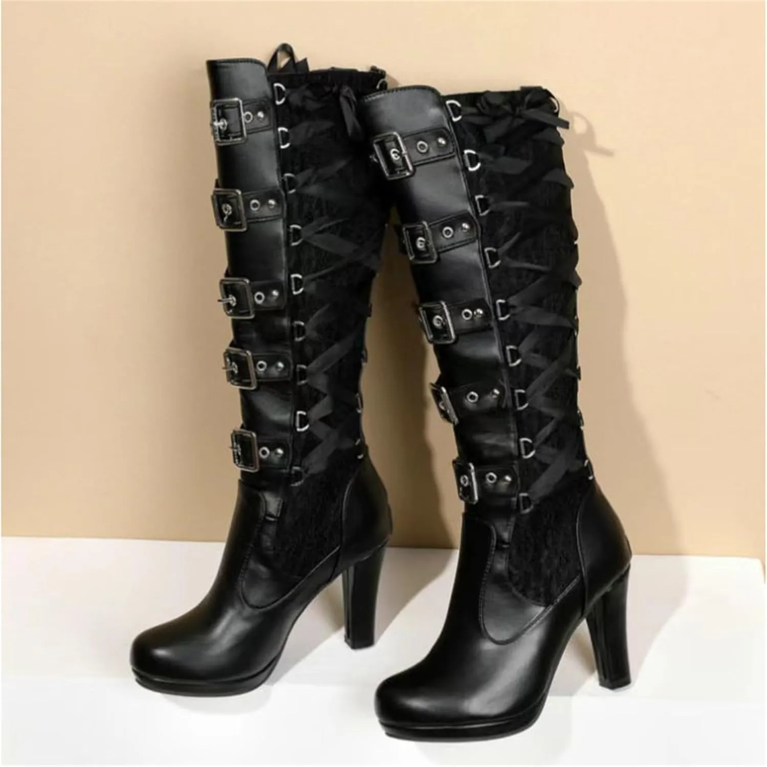 FAIRSOMA Women'S Lace Up Victorian Knee-High Boots,Classics Vintage Round Toe Kitten Heel Witch Boots Knight Combat Boots Buckle Riding Boots