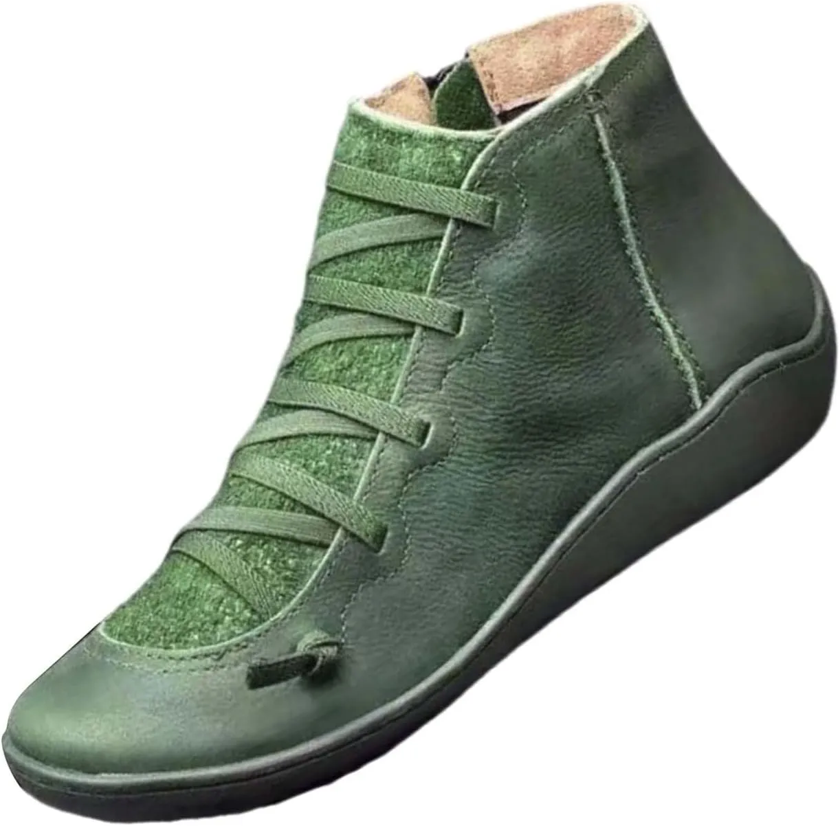 Fall Ankle Boots for Women No Heel 2024, New Arch Support Boots Fashion Lace Up Side Zipper Retro Ankle Booties, Comfortable Slip On Flat Low Heel Boots