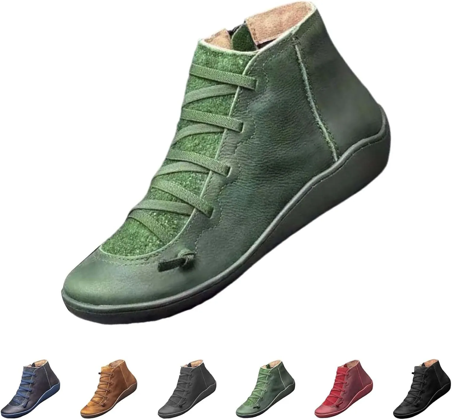 Fall Ankle Boots for Women No Heel 2024, New Arch Support Boots Fashion Lace Up Side Zipper Retro Ankle Booties, Comfortable Slip On Flat Low Heel Boots
