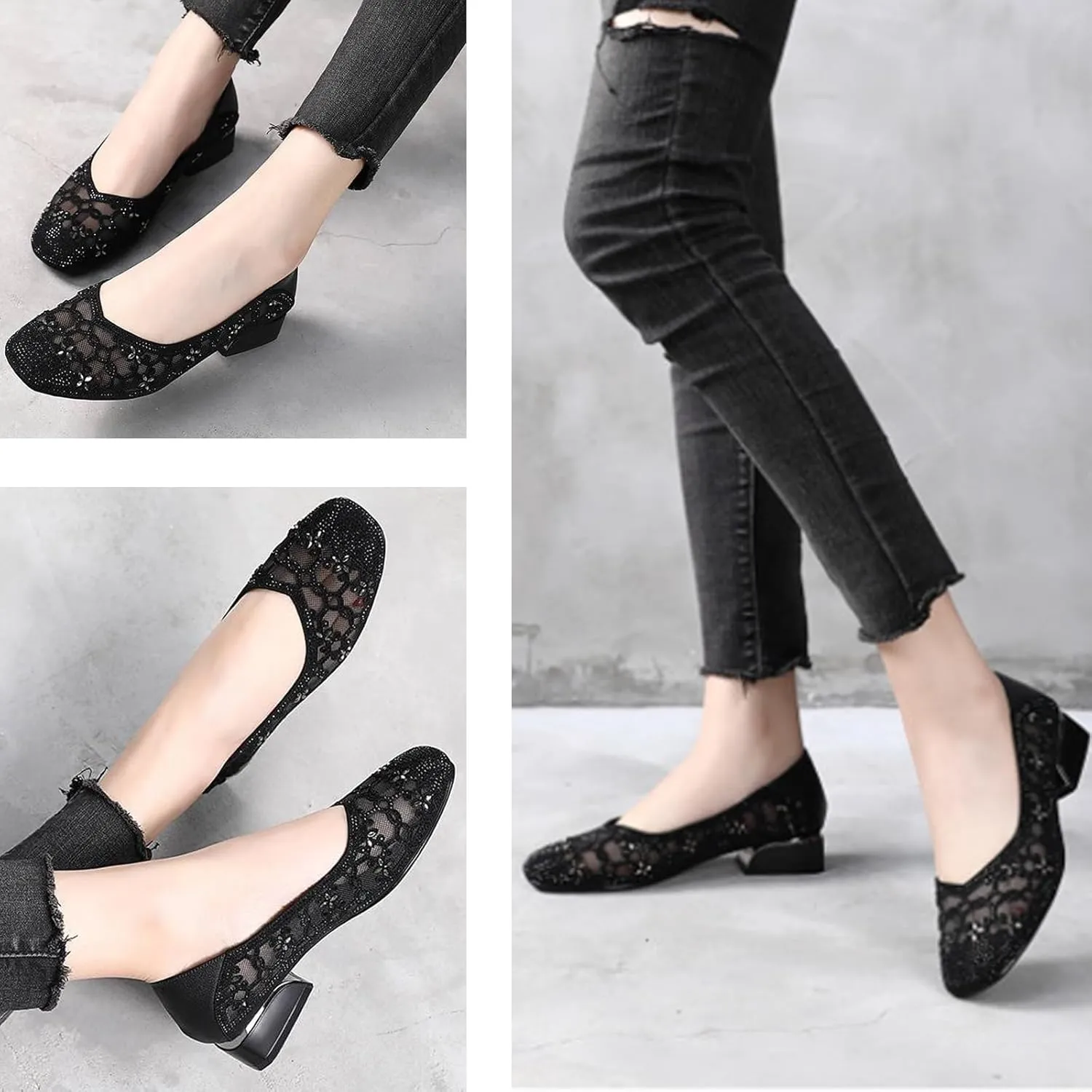 Fashion Rhinestones Net Yarn Low Chunky Heels Pumps for Women Round Toe Hollow Out Slip on Loafers Sandals Comfortable Non-Slip Soft Sole Formal Dress Shoes