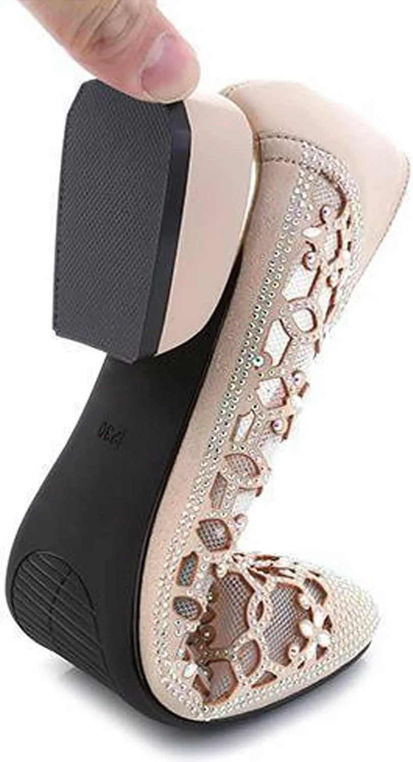 Fashion Rhinestones Net Yarn Low Chunky Heels Pumps for Women Round Toe Hollow Out Slip on Loafers Sandals Comfortable Non-Slip Soft Sole Formal Dress Shoes
