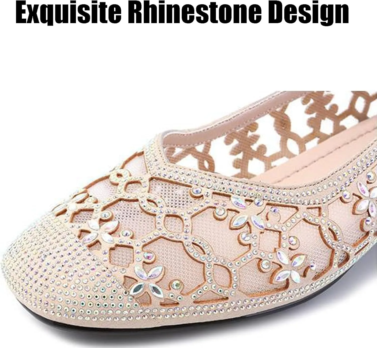 Fashion Rhinestones Net Yarn Low Chunky Heels Pumps for Women Round Toe Hollow Out Slip on Loafers Sandals Comfortable Non-Slip Soft Sole Formal Dress Shoes