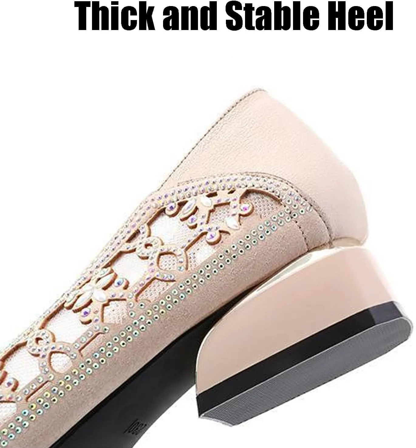 Fashion Rhinestones Net Yarn Low Chunky Heels Pumps for Women Round Toe Hollow Out Slip on Loafers Sandals Comfortable Non-Slip Soft Sole Formal Dress Shoes