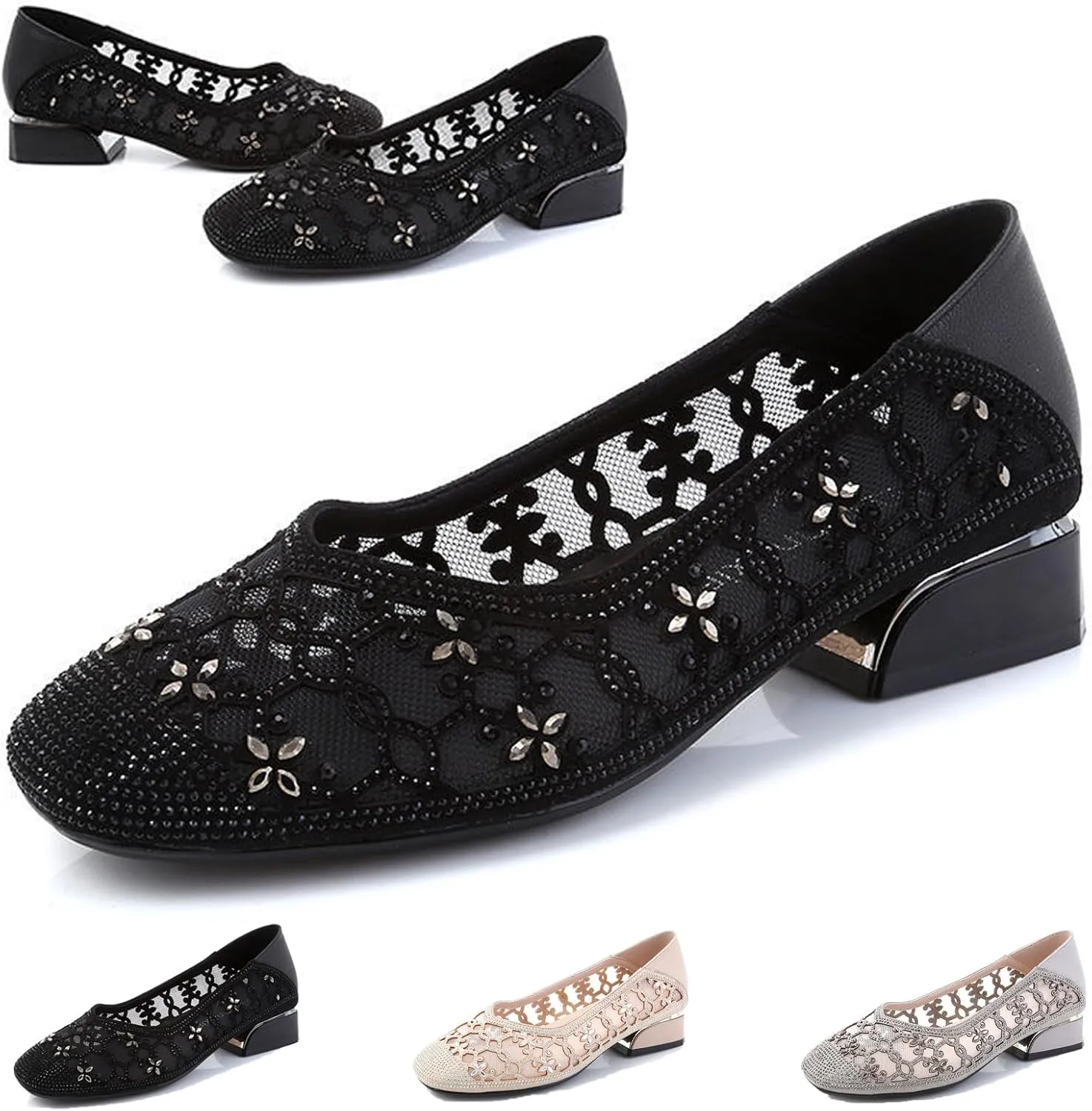 Fashion Rhinestones Net Yarn Low Chunky Heels Pumps for Women Round Toe Hollow Out Slip on Loafers Sandals Comfortable Non-Slip Soft Sole Formal Dress Shoes