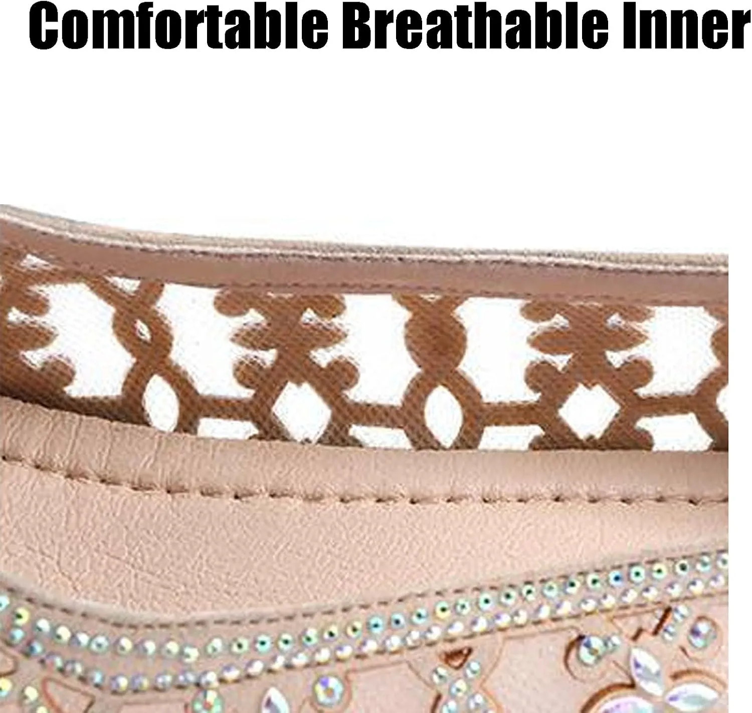 Fashion Rhinestones Net Yarn Low Chunky Heels Pumps for Women Round Toe Hollow Out Slip on Loafers Sandals Comfortable Non-Slip Soft Sole Formal Dress Shoes