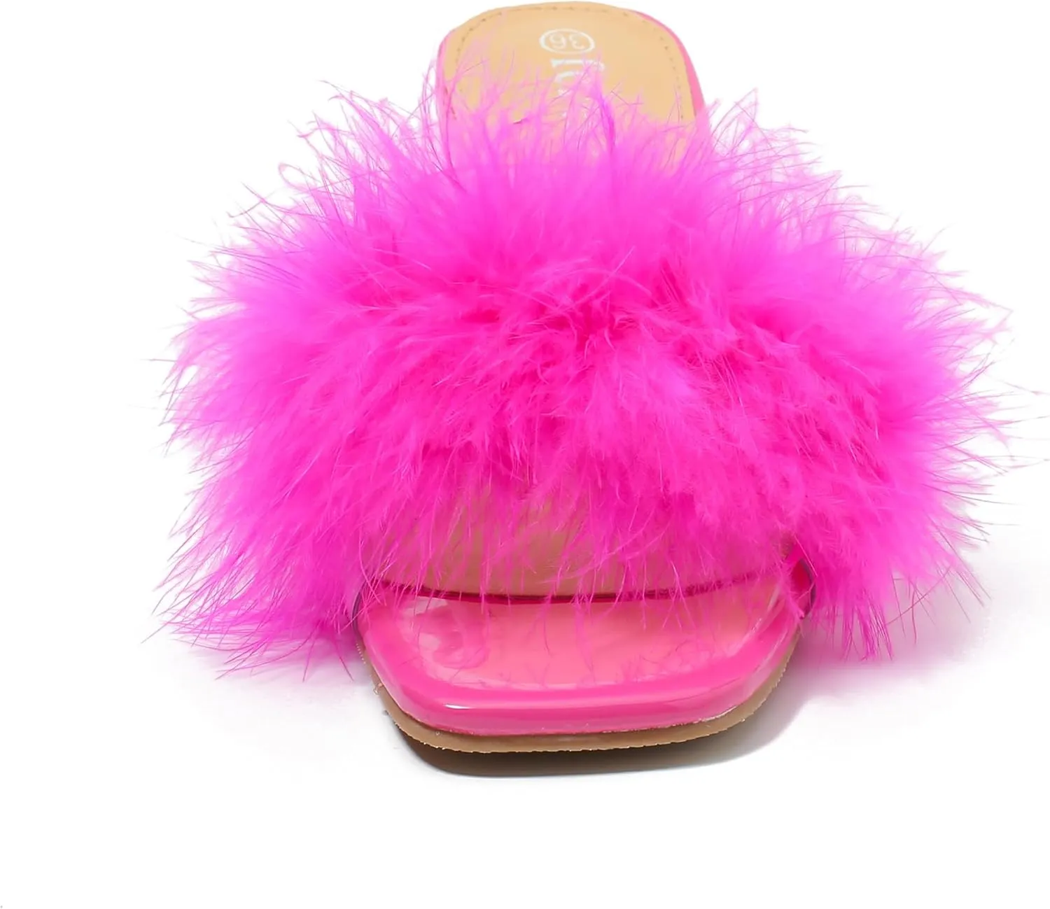 fereshte Women's Feather Heels Sandals Fluffy Fur Clear Strap Slip On Square Toe Kitten Mules