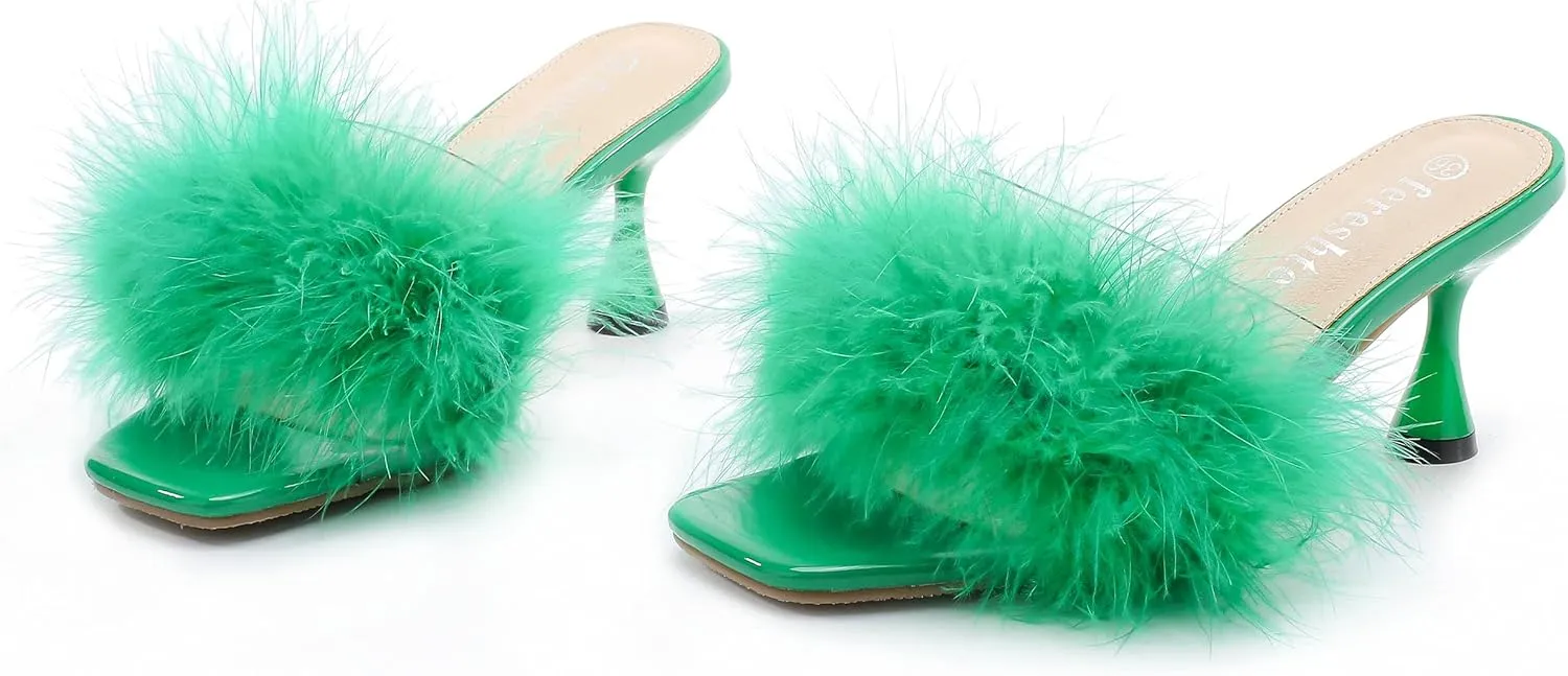 fereshte Women's Feather Heels Sandals Fluffy Fur Clear Strap Slip On Square Toe Kitten Mules