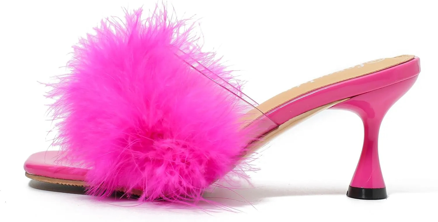 fereshte Women's Feather Heels Sandals Fluffy Fur Clear Strap Slip On Square Toe Kitten Mules
