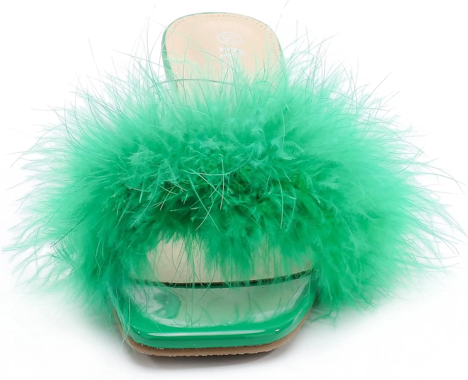 fereshte Women's Feather Heels Sandals Fluffy Fur Clear Strap Slip On Square Toe Kitten Mules