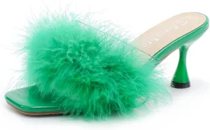 fereshte Women's Feather Heels Sandals Fluffy Fur Clear Strap Slip On Square Toe Kitten Mules