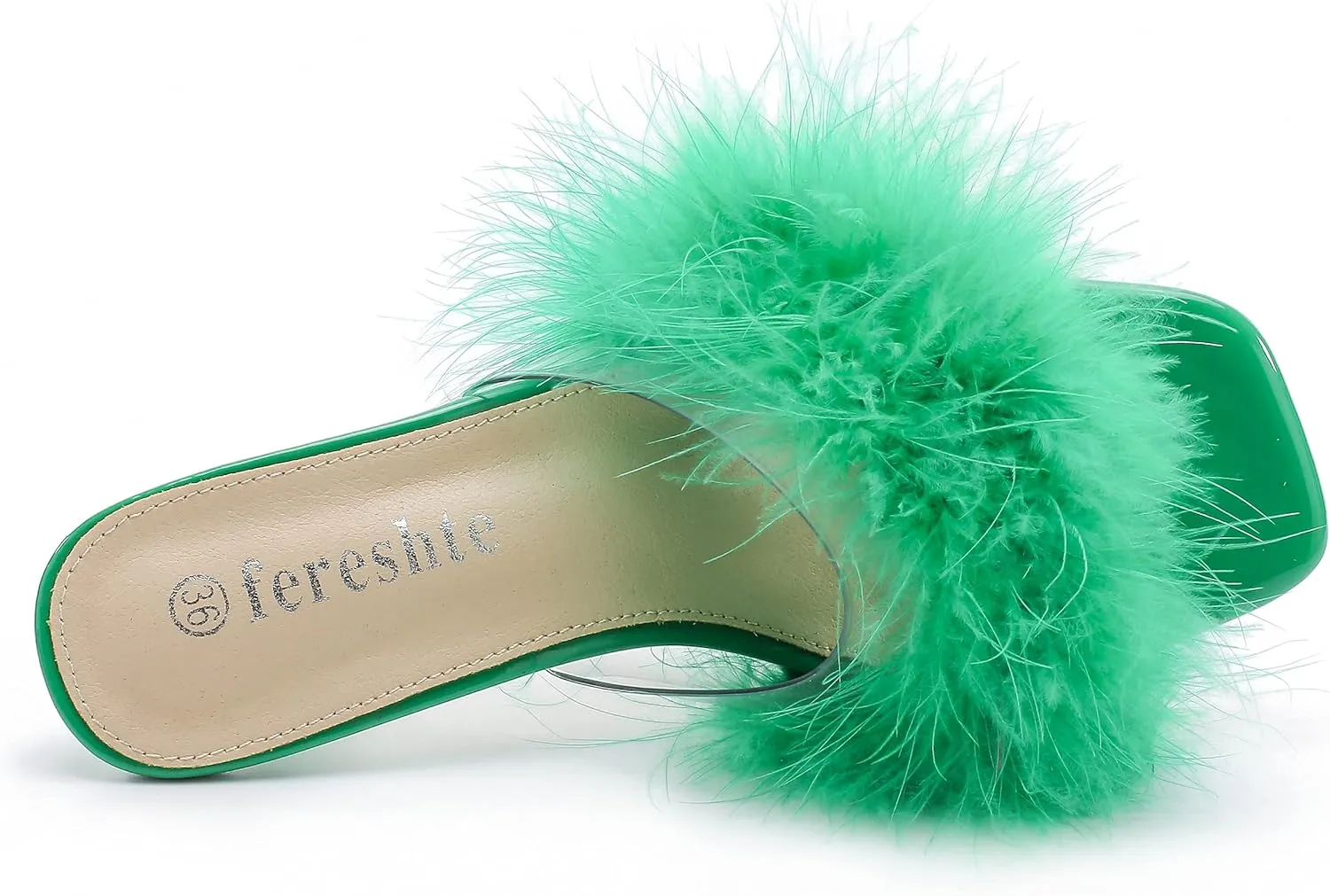 fereshte Women's Feather Heels Sandals Fluffy Fur Clear Strap Slip On Square Toe Kitten Mules