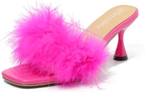 fereshte Women's Feather Heels Sandals Fluffy Fur Clear Strap Slip On Square Toe Kitten Mules