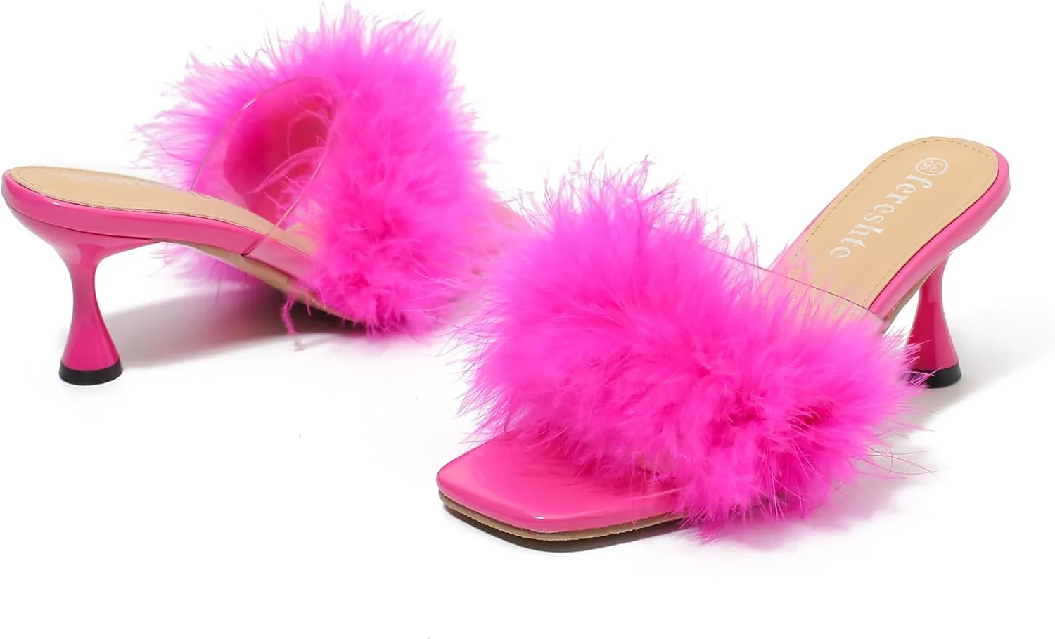 fereshte Women's Feather Heels Sandals Fluffy Fur Clear Strap Slip On Square Toe Kitten Mules