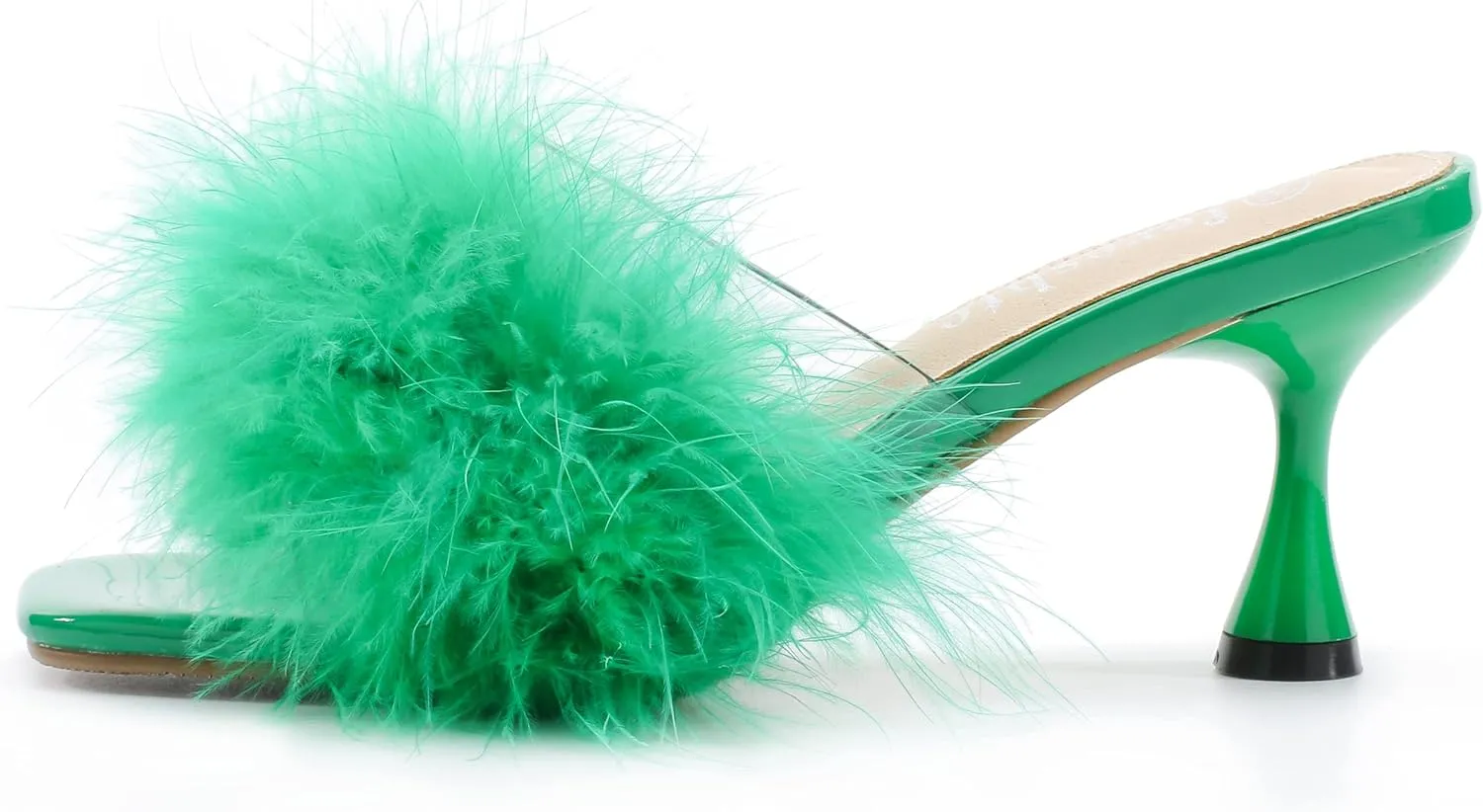 fereshte Women's Feather Heels Sandals Fluffy Fur Clear Strap Slip On Square Toe Kitten Mules