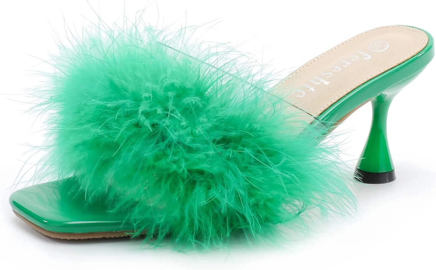 fereshte Women's Feather Heels Sandals Fluffy Fur Clear Strap Slip On Square Toe Kitten Mules