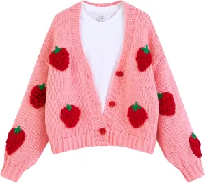 FindThy Women’s Kawaii Strawberry Embroidered Cardigan Long Sleeve V Neck Chunky Knitted Cardigans Tops