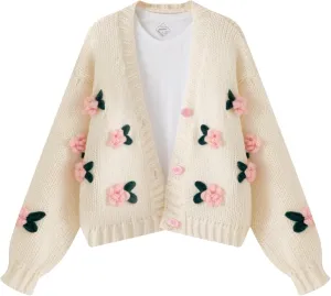 FindThy Women’s Kawaii Strawberry Embroidered Cardigan Long Sleeve V Neck Chunky Knitted Cardigans Tops