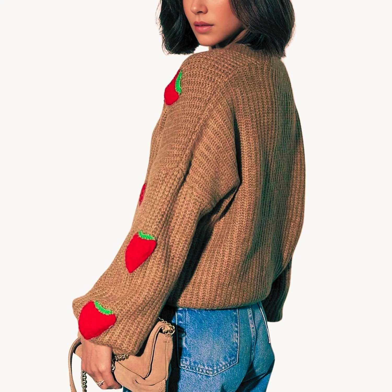 FindThy Women’s Kawaii Strawberry Embroidered Cardigan Long Sleeve V Neck Chunky Knitted Cardigans Tops