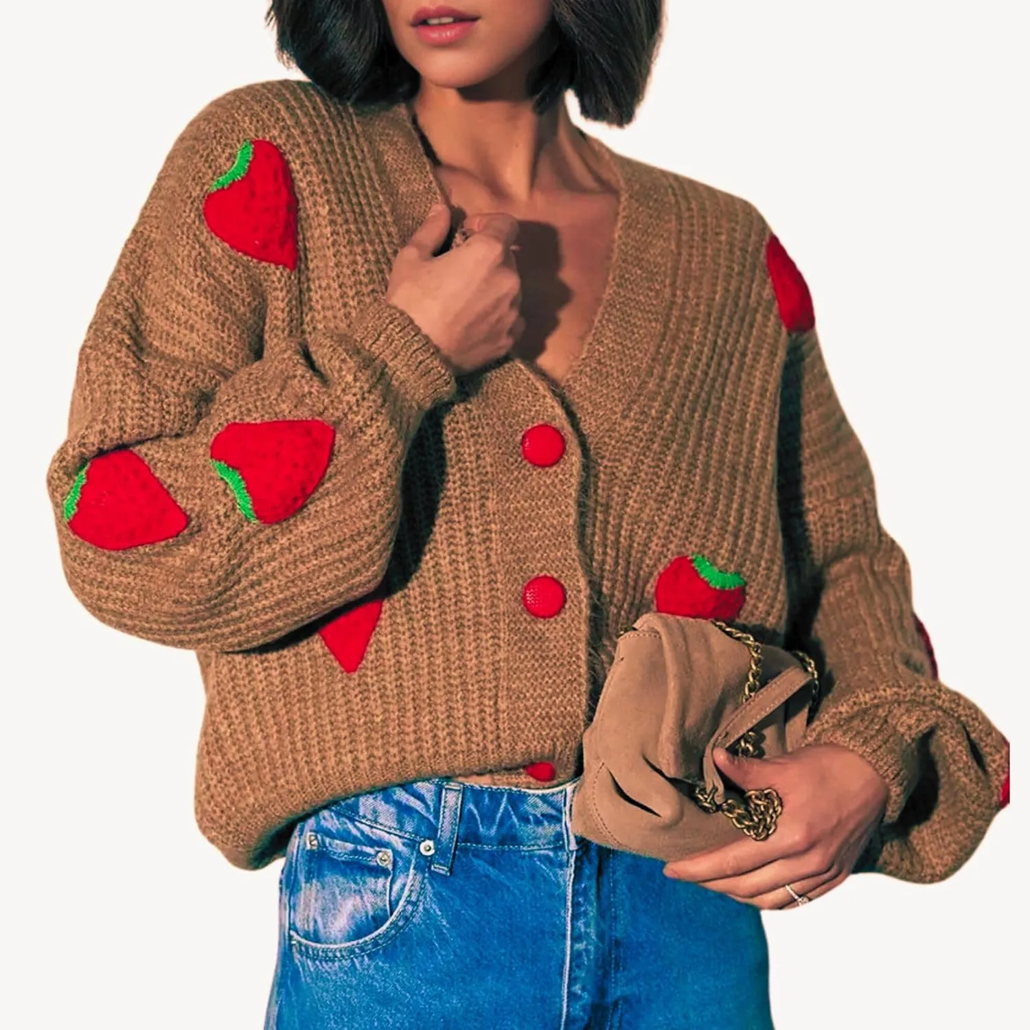 FindThy Women’s Kawaii Strawberry Embroidered Cardigan Long Sleeve V Neck Chunky Knitted Cardigans Tops