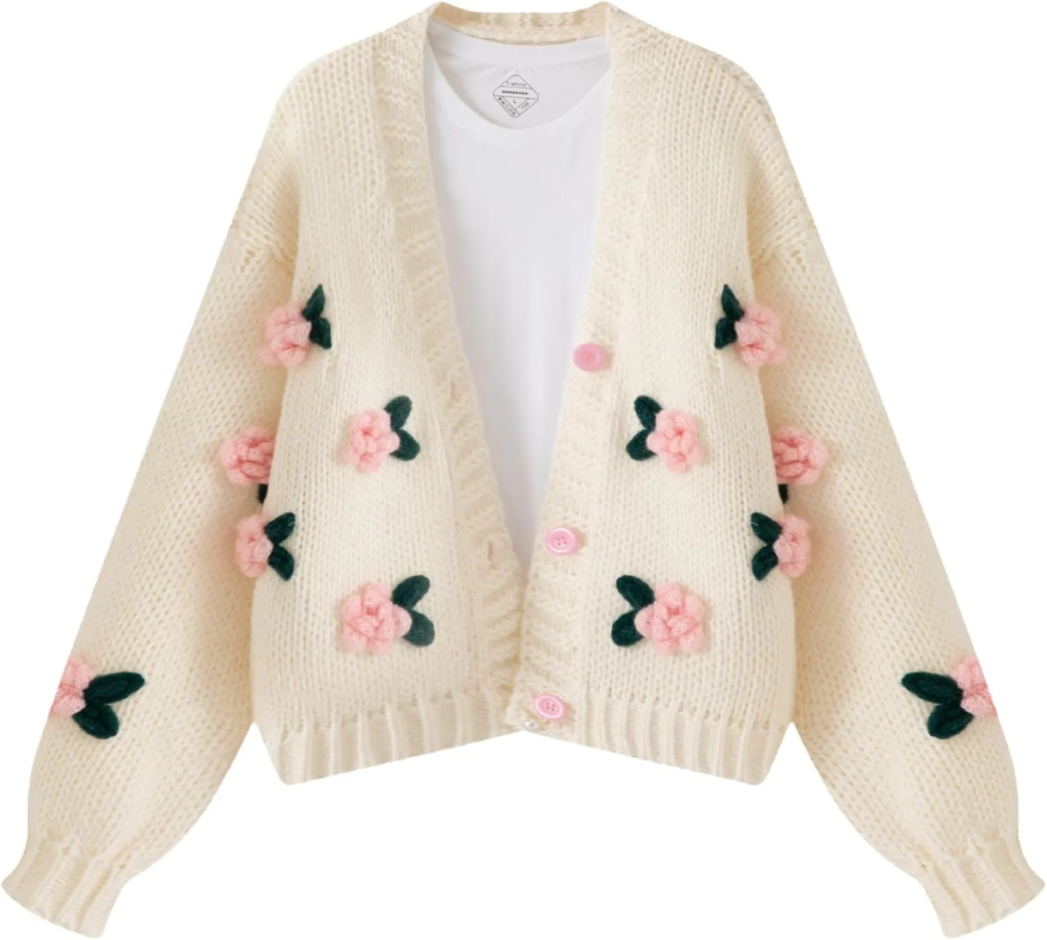 FindThy Women’s Kawaii Strawberry Embroidered Cardigan Long Sleeve V Neck Chunky Knitted Cardigans Tops