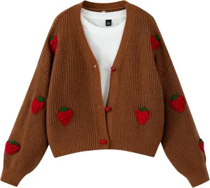 FindThy Women’s Kawaii Strawberry Embroidered Cardigan Long Sleeve V Neck Chunky Knitted Cardigans Tops