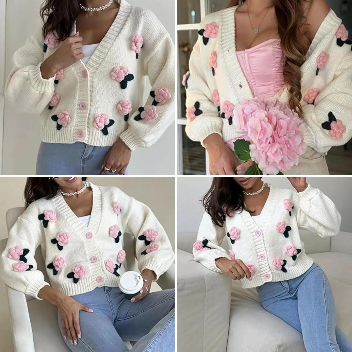 FindThy Women’s Kawaii Strawberry Embroidered Cardigan Long Sleeve V Neck Chunky Knitted Cardigans Tops