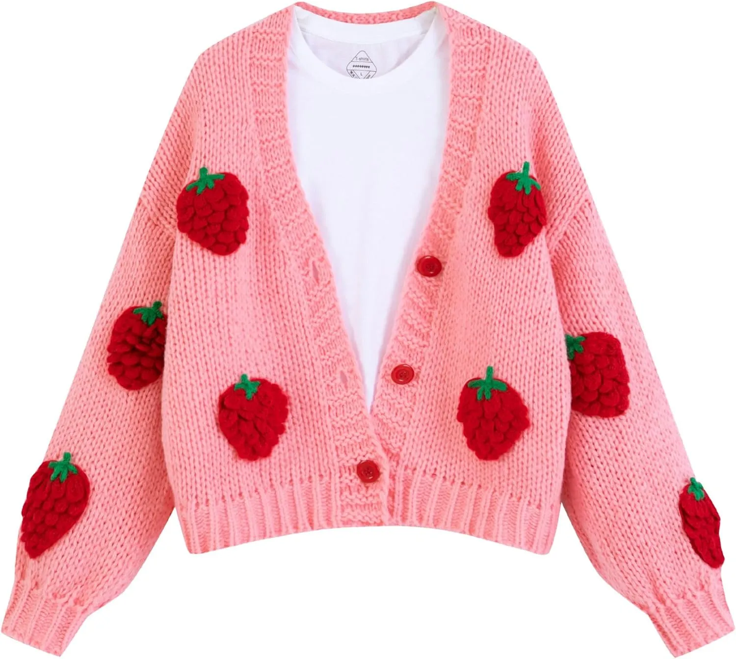 FindThy Women’s Kawaii Strawberry Embroidered Cardigan Long Sleeve V Neck Chunky Knitted Cardigans Tops