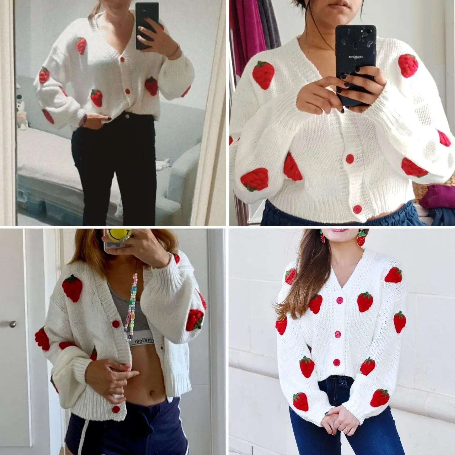 FindThy Women’s Kawaii Strawberry Embroidered Cardigan Long Sleeve V Neck Chunky Knitted Cardigans Tops