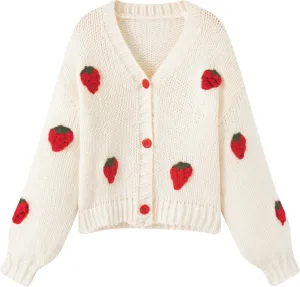 FindThy Women’s Kawaii Strawberry Embroidered Cardigan Long Sleeve V Neck Chunky Knitted Cardigans Tops