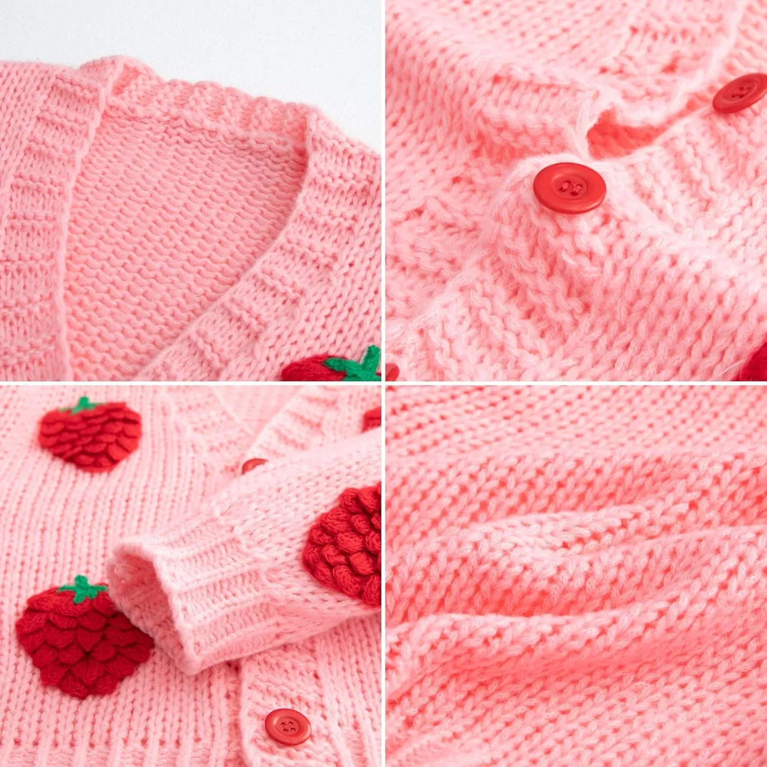 FindThy Women’s Kawaii Strawberry Embroidered Cardigan Long Sleeve V Neck Chunky Knitted Cardigans Tops