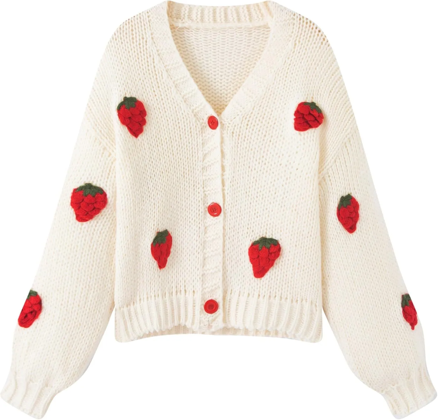 FindThy Women’s Kawaii Strawberry Embroidered Cardigan Long Sleeve V Neck Chunky Knitted Cardigans Tops