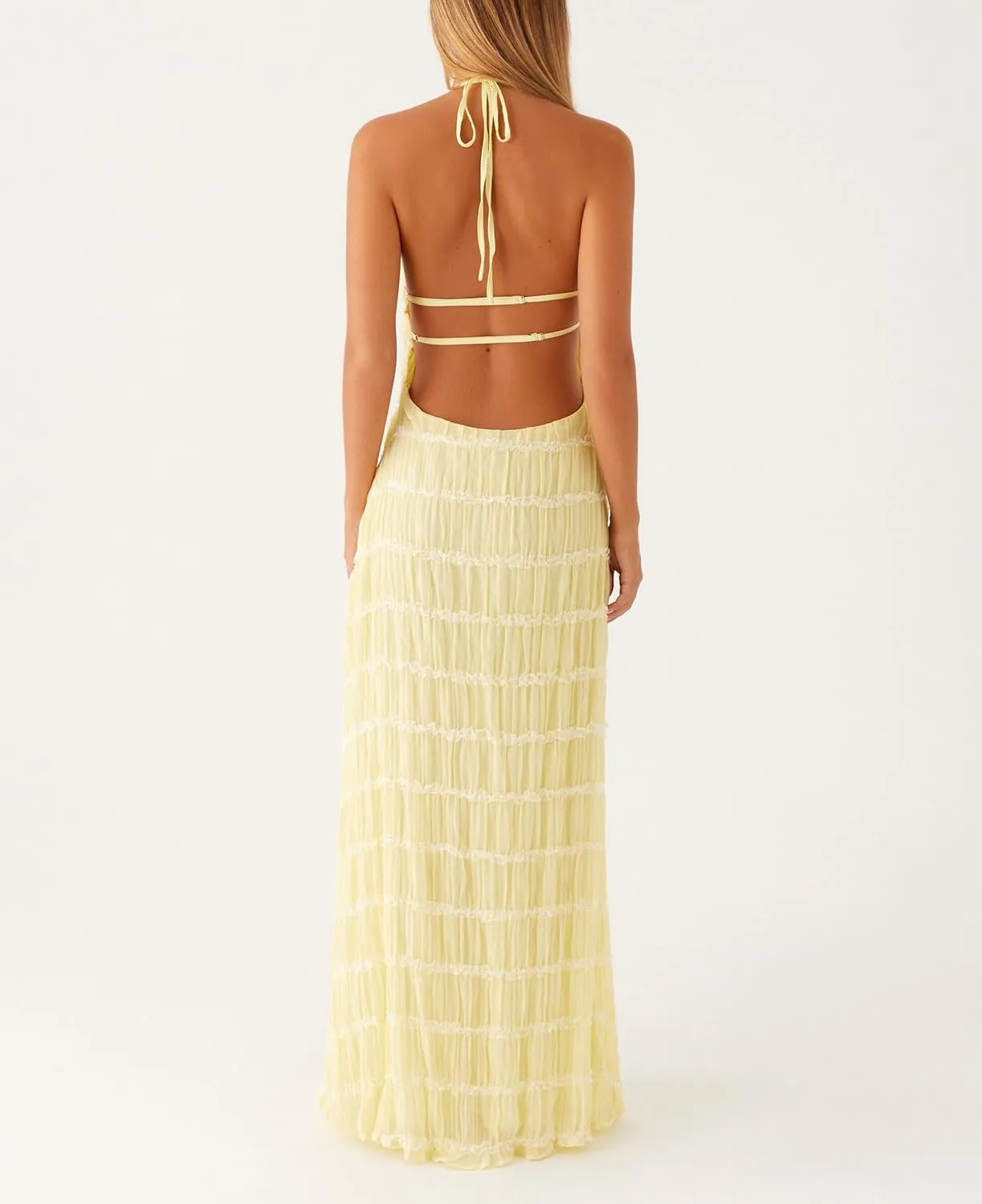 Flowy Boho Beach Dress for Women Halter Backless Smocked Vacation Long Dress Sexy Off Shoulder Resort Maxi Sundress