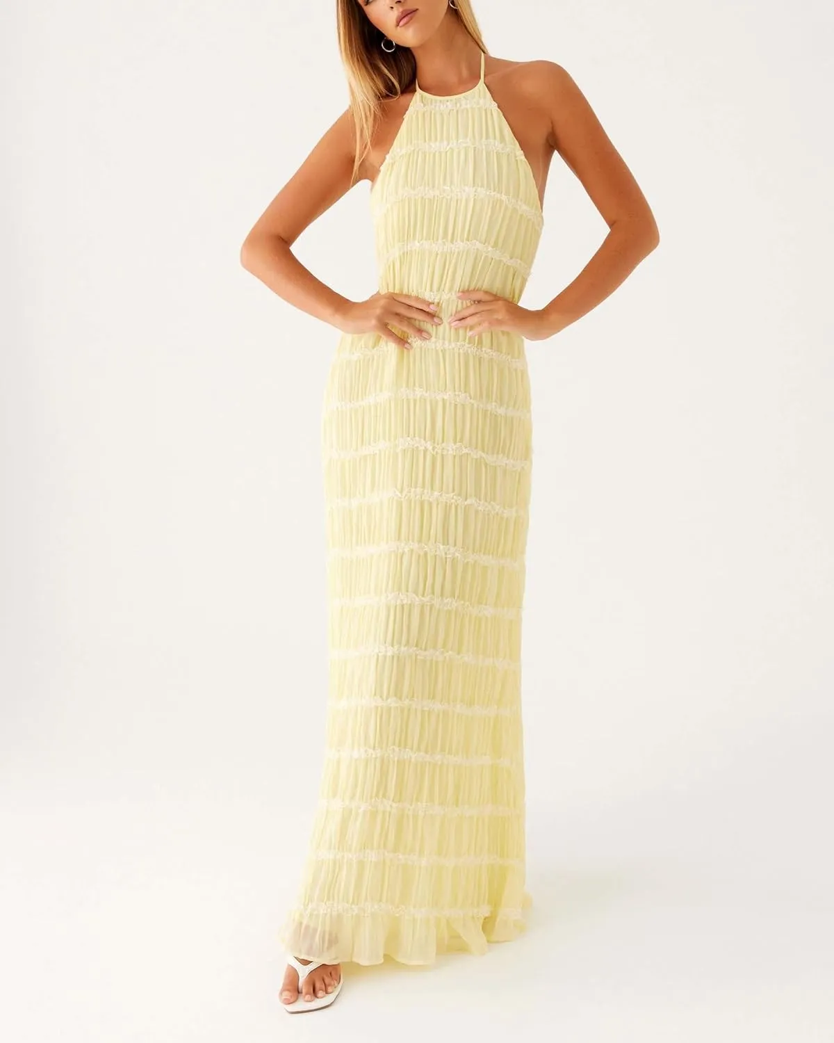 Flowy Boho Beach Dress for Women Halter Backless Smocked Vacation Long Dress Sexy Off Shoulder Resort Maxi Sundress