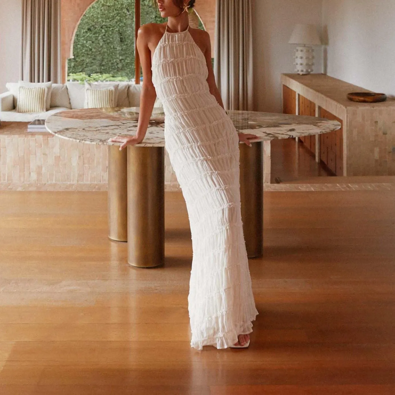 Flowy Boho Beach Dress for Women Halter Backless Smocked Vacation Long Dress Sexy Off Shoulder Resort Maxi Sundress