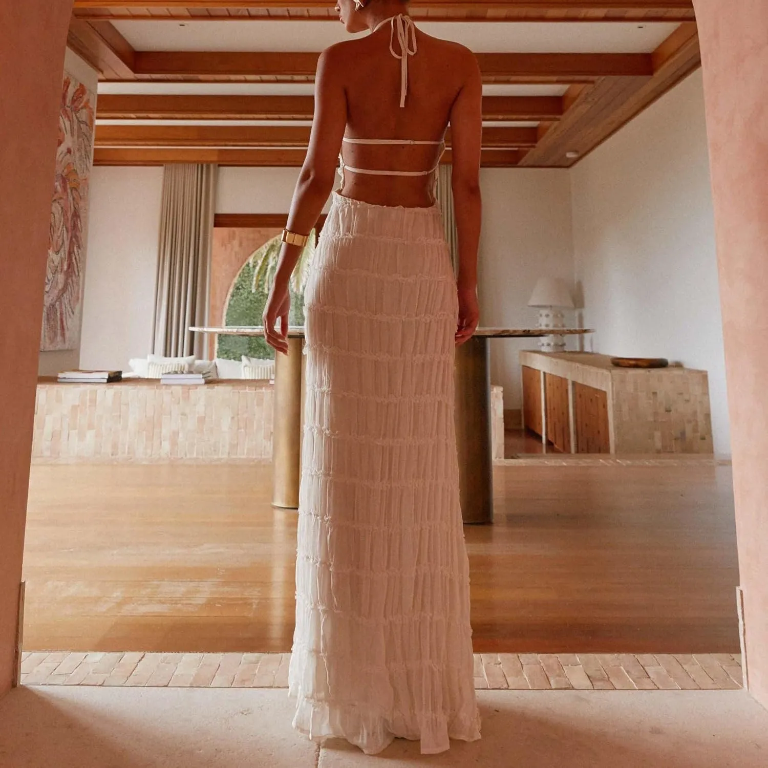 Flowy Boho Beach Dress for Women Halter Backless Smocked Vacation Long Dress Sexy Off Shoulder Resort Maxi Sundress