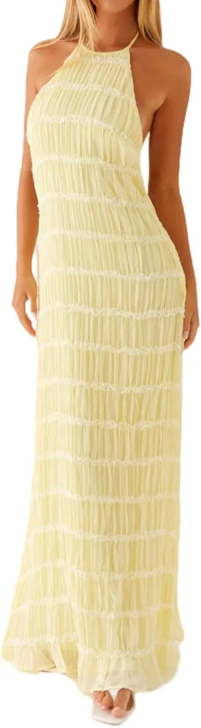 Flowy Boho Beach Dress for Women Halter Backless Smocked Vacation Long Dress Sexy Off Shoulder Resort Maxi Sundress