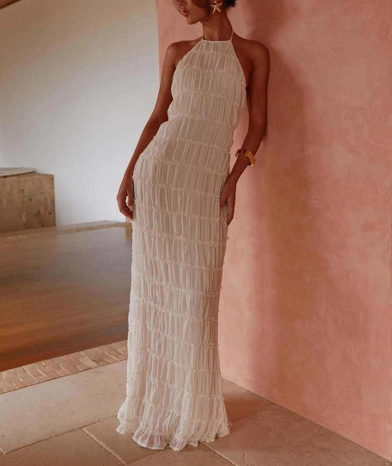 Flowy Boho Beach Dress for Women Halter Backless Smocked Vacation Long Dress Sexy Off Shoulder Resort Maxi Sundress