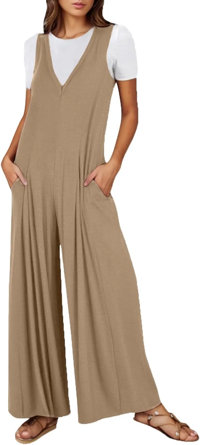 Flowy Jumpsuits For Women Sleeveless Straps Wide Leg Pant Rompers Casual Summer Loose One Piece Outfits Beach Wear