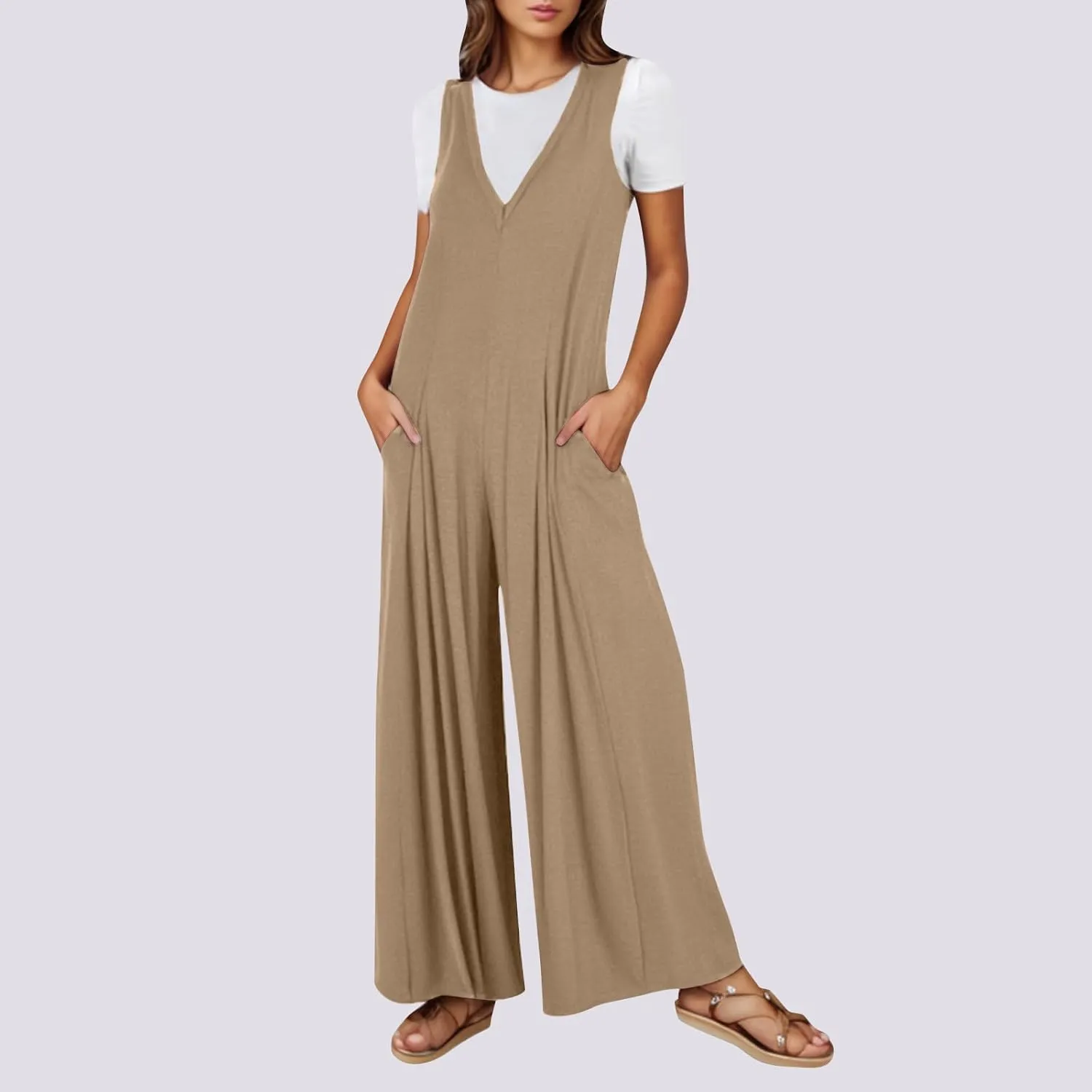 Flowy Jumpsuits For Women Sleeveless Straps Wide Leg Pant Rompers Casual Summer Loose One Piece Outfits Beach Wear