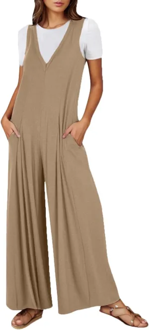 Flowy Jumpsuits For Women Sleeveless Straps Wide Leg Pant Rompers Casual Summer Loose One Piece Outfits Beach Wear