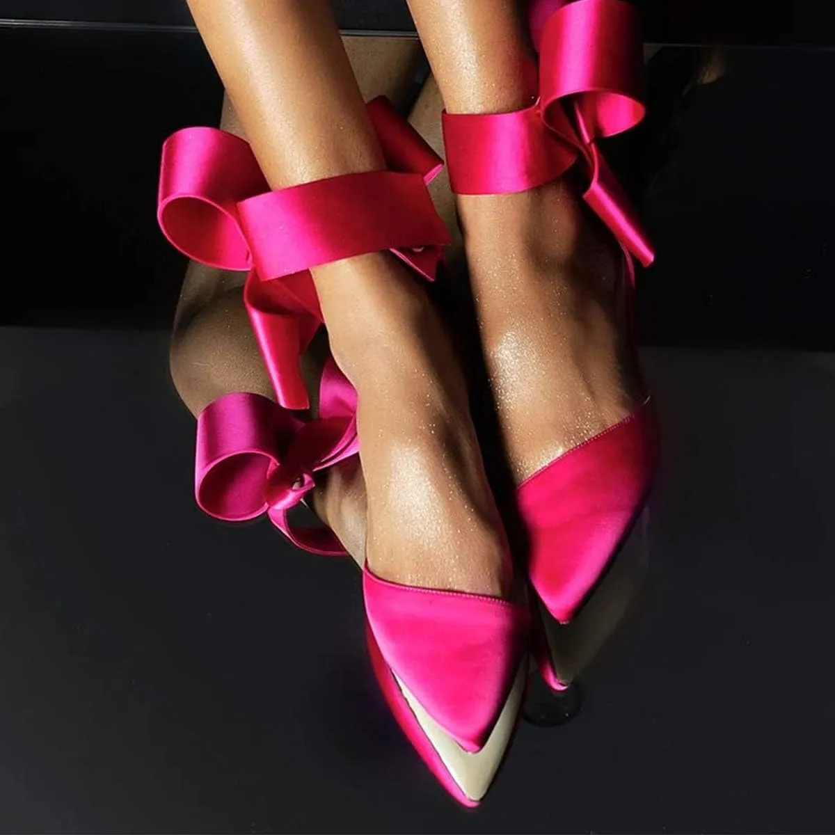 FSJ Women Chic Closed Pointed Toe D'Orsay Ankle Strap Ballet Flats Shoes Large Side Bows Comfortable Shoes Size 4-16 US