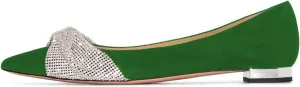 FSJ Women Classic Pointed Toe Rhinestone Sequins Bow Casual Slip on Faux Suede Comfort Low Thick Heel Walking Ballet Flat Shoes Size 4-15 US